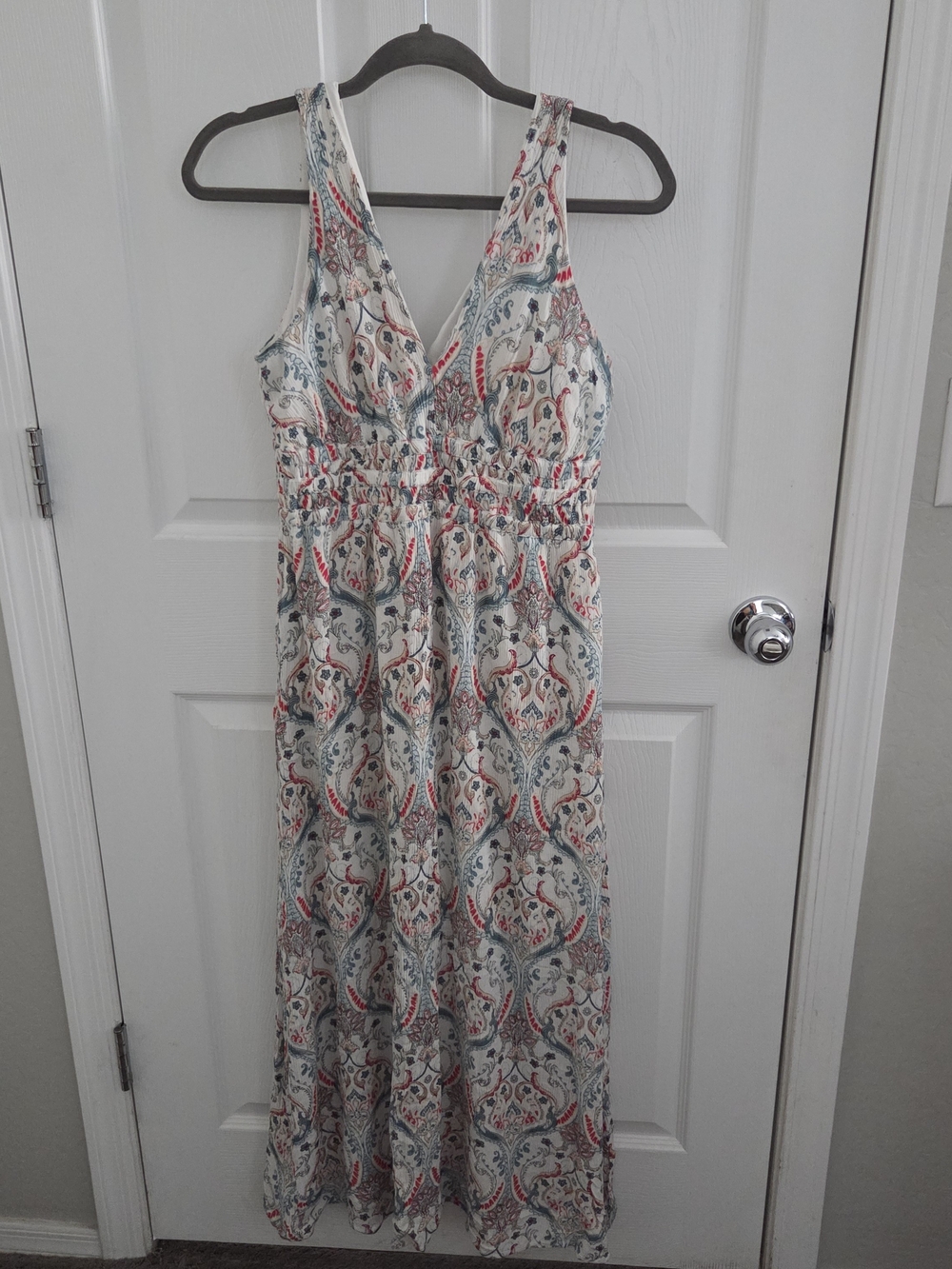 V-Neck Paisley Maxi Dress in Cream with Blue and Red Accents